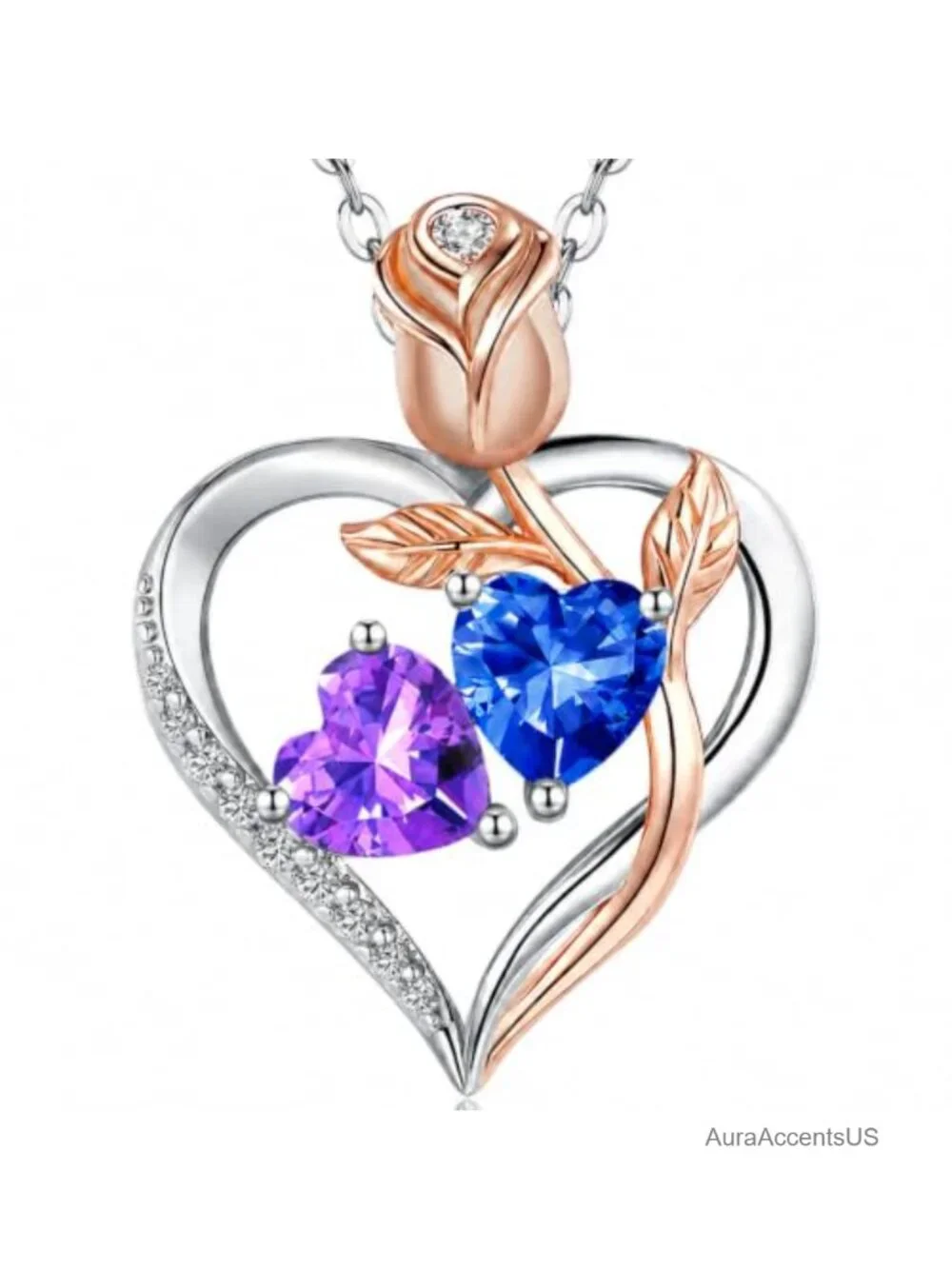925 Sterling Silver 18K White Gold Plated Heart Dual Birthstone Pendant